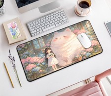 Kawaii Fluffy Friend Desk Mat Large Mouse Pad Pastel Anime Girl Gaming Decor
