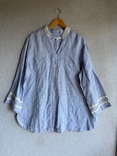 Chicos Tunic Top Womens 4 US 20 Blue Embroidered Linen Beach Resort Coastal Boho