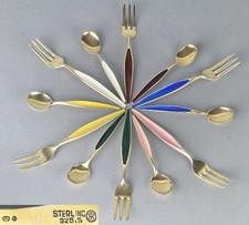 OTTAR HVAL Norwegen 12 tlg. Set L&ouml;ffel Gabel 925 Silber vergoldet Emaille R1509