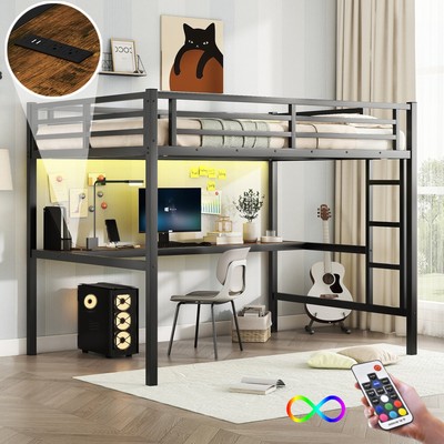 Metal Loft Bed: Full Size, LED, Outlets, Quiet