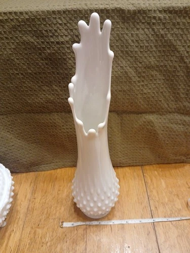 Vintage Fenton Embossed Swung Milk Glass Hobnail 12 Finger Vase.