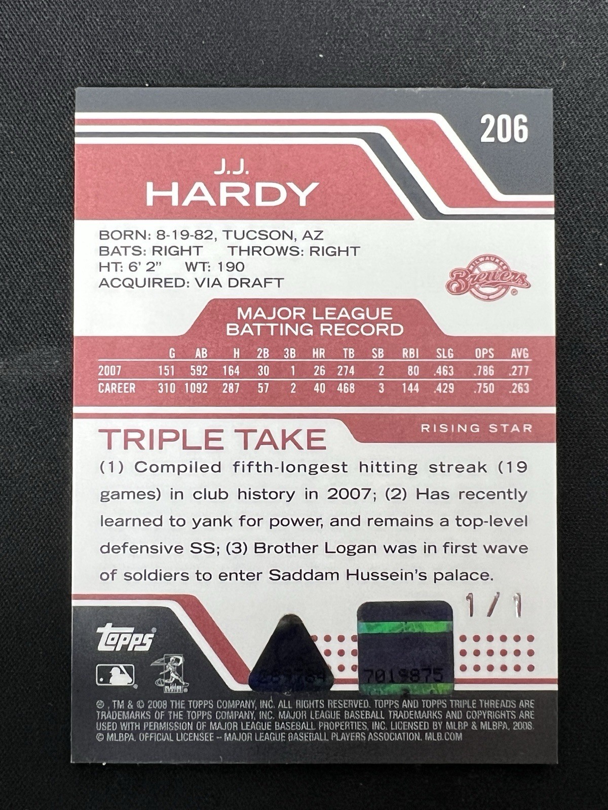 2008 Topps Triple Threads Rising Stars J.J. Hardy Relic Auto 1/1 view 2