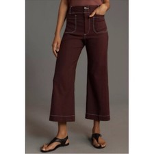 NWT Anthropologie The Colette Cropped Wide-Leg Pants Maeve Linen Brown Purple 28