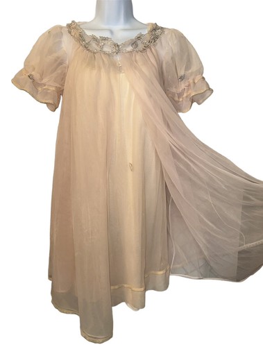 Vintage 60s Radcliffe Chiffon Babydoll Nightgown & Robe Peignoir Set Size P - Picture 2 of 8