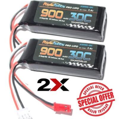 Powerhobby 2S 2-CEll 7.4V 900mAh 30C Lipo Battery 2 Pack : E-Flite UMX A-10