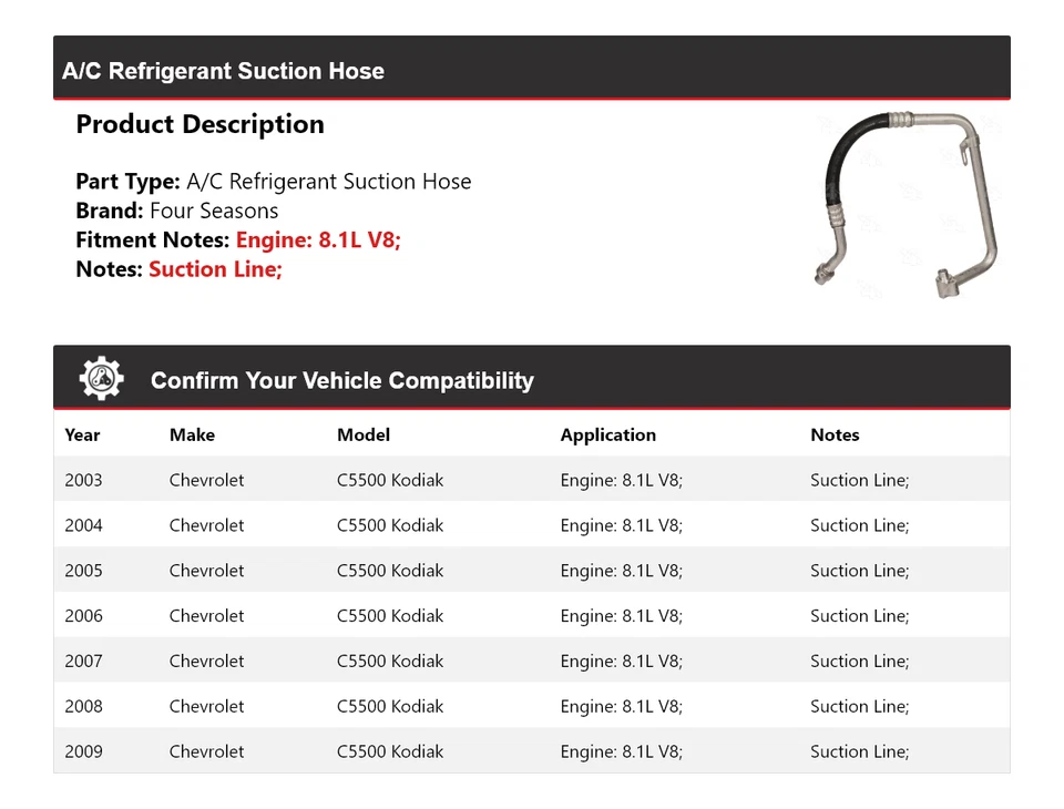 Mangueira de sucção refrigerante 4 estações para 2003-2009 Chevrolet C5500 Kodiak 8.1L A/C - Imagem 2 de 4