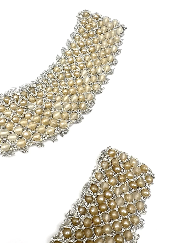 Par de collares de perlas de imitación vintage bandas cuentas de champán marfil en hilo de plata Foto 2 de 4