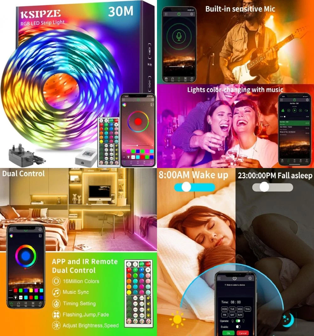 KSIPZE 30m Led Strip Lights RGB Music Sync Color Changing Bluetooth 30M