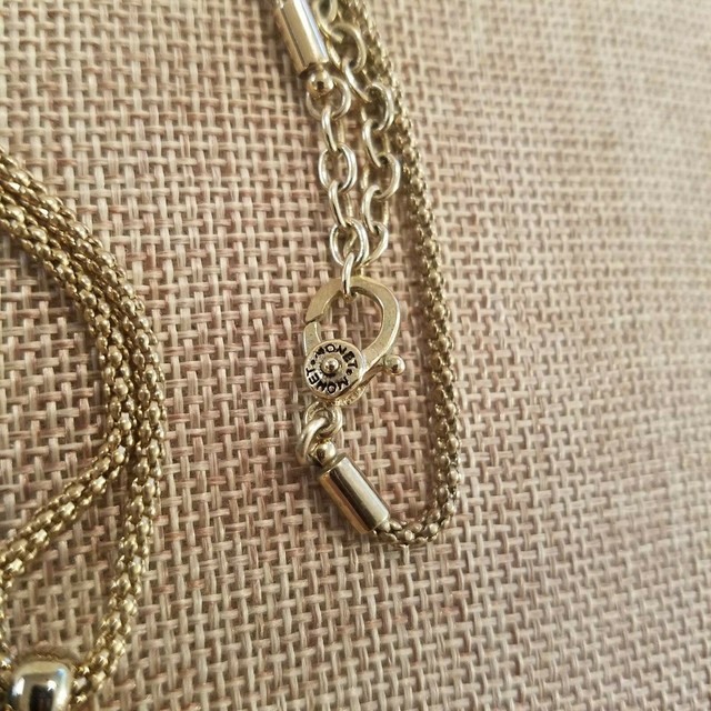 Vintage Signed Mesh Necklace Double Drop Pendant Stone Gold Tone