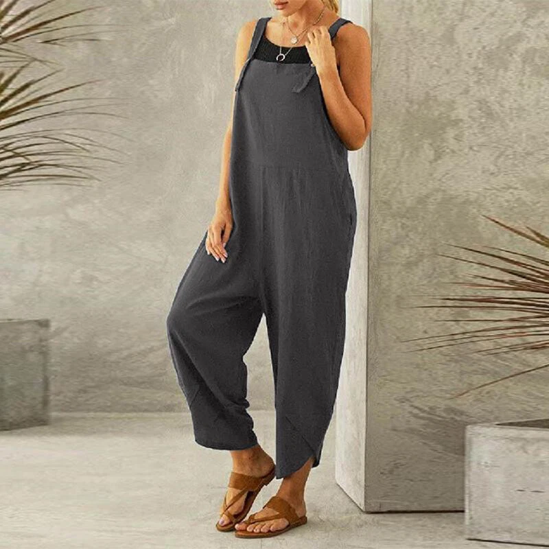 Mujeres Algodón Lino Mono Peto Suelto Mono Pantalón Tirantes Con Bolsillos Foto 3 de 4