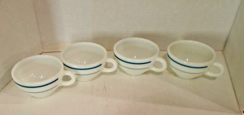 Set of 4 VTG Pyrex Tableware by Corning Tea Cups Coffee Mugs Blue Stripe 701-40