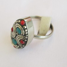 Tibetan Silver Turquoise Red Coral Original Jewelry Adjustable Unisex Ring R19