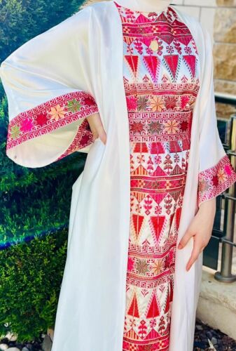 Women Palestinian Embroidered Satin Dress Traditional Heritage Tatreez with Robe - Picture 9 of 10