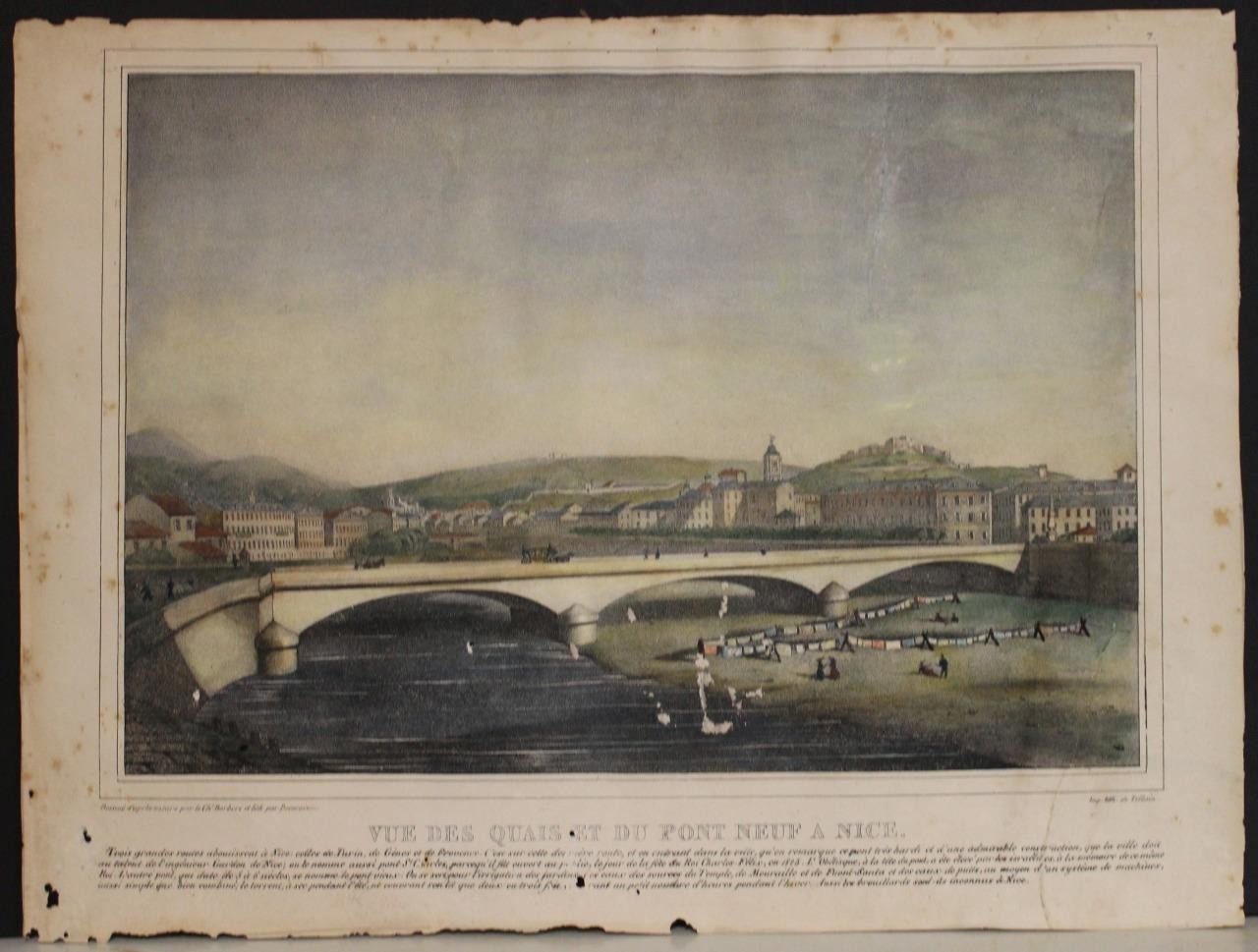 NICE PONT NEUF FRANCE 1834 BABERI UNUSUAL ANTIQUE ORIGINAL LITHOGRAPHICVIEW