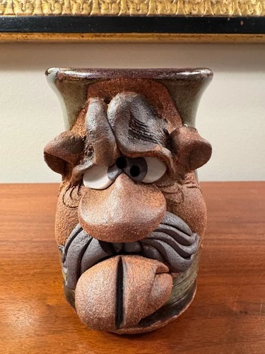 Vintage Signed MMS Mahon Ugly Funny Face 3D Stoneware Pottery Mug Mustache Man