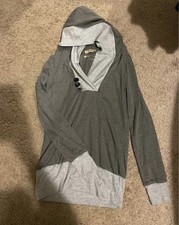 Gray Light Gray Pullover Hoodie Button Accents Solid Long Sleeve Women's Size