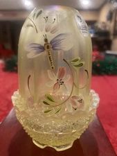 Exquisite Fenton Topaz Lily Trail" Dragonfly Uranium Vaseline Glass Fairy Lamp