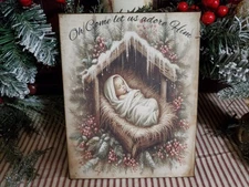VINTAGE PRIMITIVE STYLE CHRISTMAS JESUS MANGER NATIVITY LET US ADORE HIM SIGN