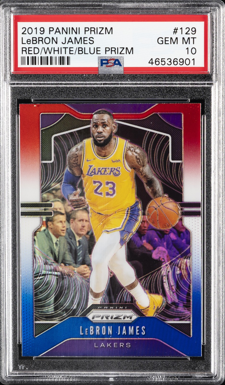 2019 PANINI PRIZM RED/WHITE/BLUE PRIZM #129 LEBRON JAMES PSA 10