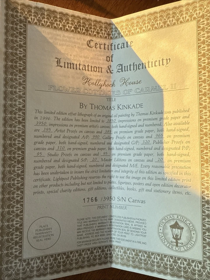 Литография Thomas Kinkade Hollyhock House No1766/3950 с сертификатом - Изображение 4 из 4