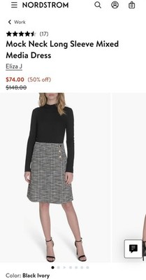 eliza j mock neck long sleeve mixed media dress Eliza J, Mock Neck, Long Sleeve, Pencil Dress, Tweed, Black White, Women  Size 4