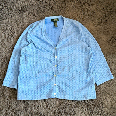 Lauren Ralph Lauren Damen Strickjacke L Blau Zopfmuster V-Ausschnitt 3/4 Arm
