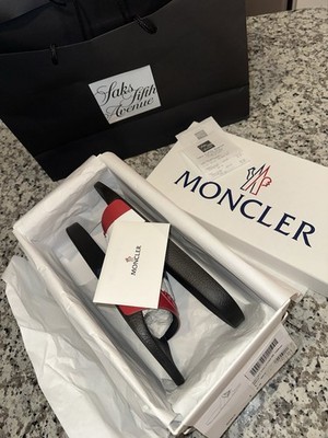 100% Authentic Moncler Basile Logo- Embossed Striped Rubber Slides