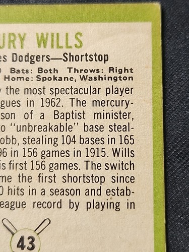 MAURY WILLS 1963 Fleer N.L. MVP '62 RC #43 LOS ANGELES DODGERS Vintage - Foto 3 di 5