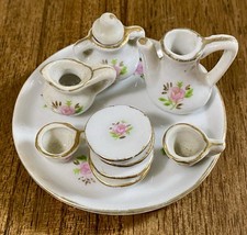 10-Piece Porcelain Miniature Tea Set with Tray, Pink Flowers  Gold Trim