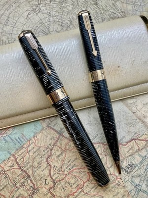 1938 PARKER VACUMATIC OVERSIZE OS SET SILVER PEARL 9K SOLID GOLD CAP BANDS