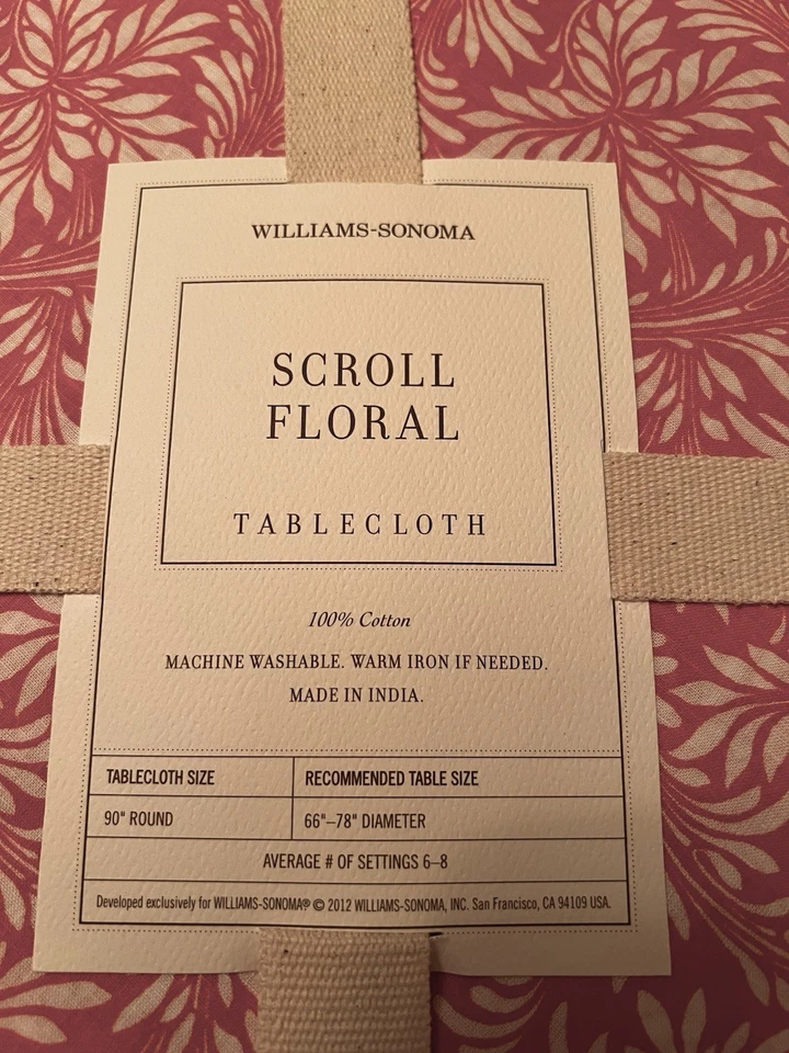 Toalha de mesa Williams-Sonoma NIP Scroll floral 90” redonda coral e branca, algodão - Imagem 3 de 4