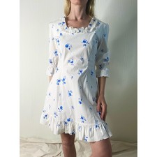 ROSES LACE White and Blue Floral Ruffle Cotton Long Sleeve Mini Dress NWT US M