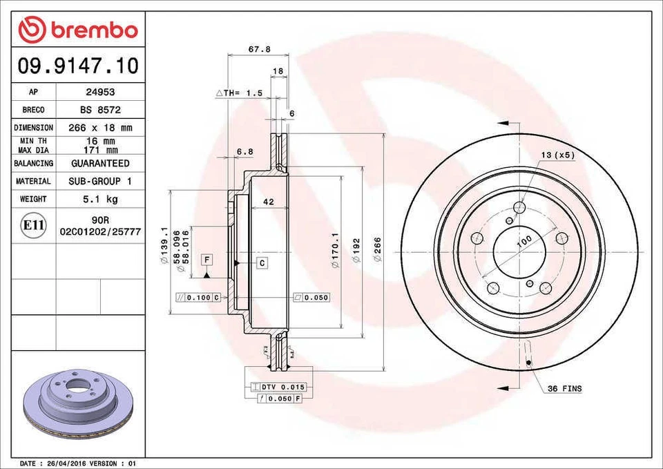 Rotor de freno de disco para Subaru Legacy 1991-1994 Brembo North America Foto 2 de 4