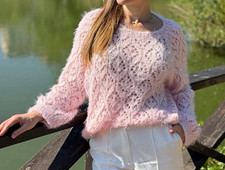 Damen Strickpullover Rosa Lochmuster flauschi...