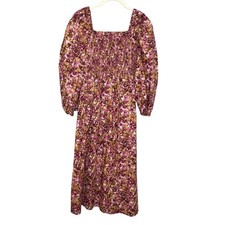 J Crew Dress Womens Small Pink Brown Floral Smocked Midi Long Sleeve $128