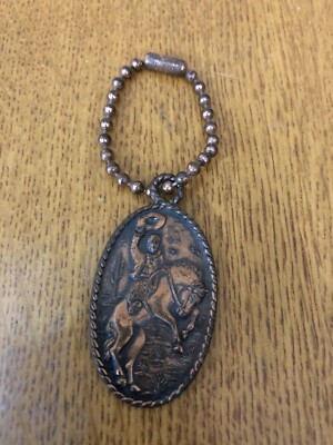 VINTAGE COWBOY RIDING BUCKING BRONCO SOLID COPPER KEYCHAIN PENDANT DESERT CACTUS