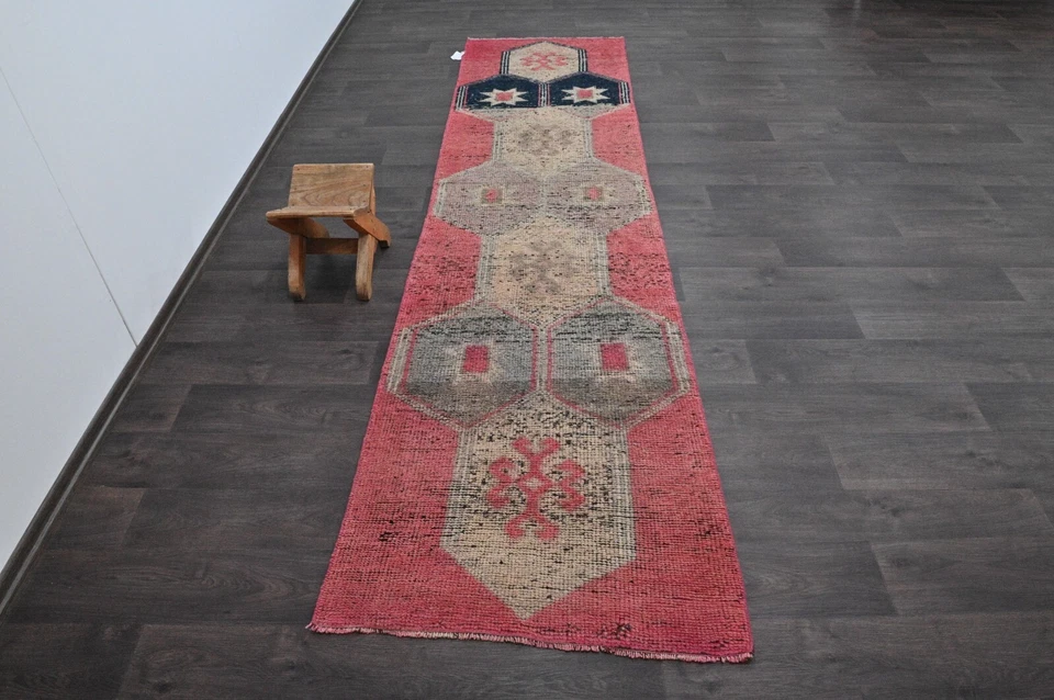 Vintage Turkish Runner Rug 3x10ft Wool Anatolian Handmade Hallway Oushak PINK - Image 2 of 4