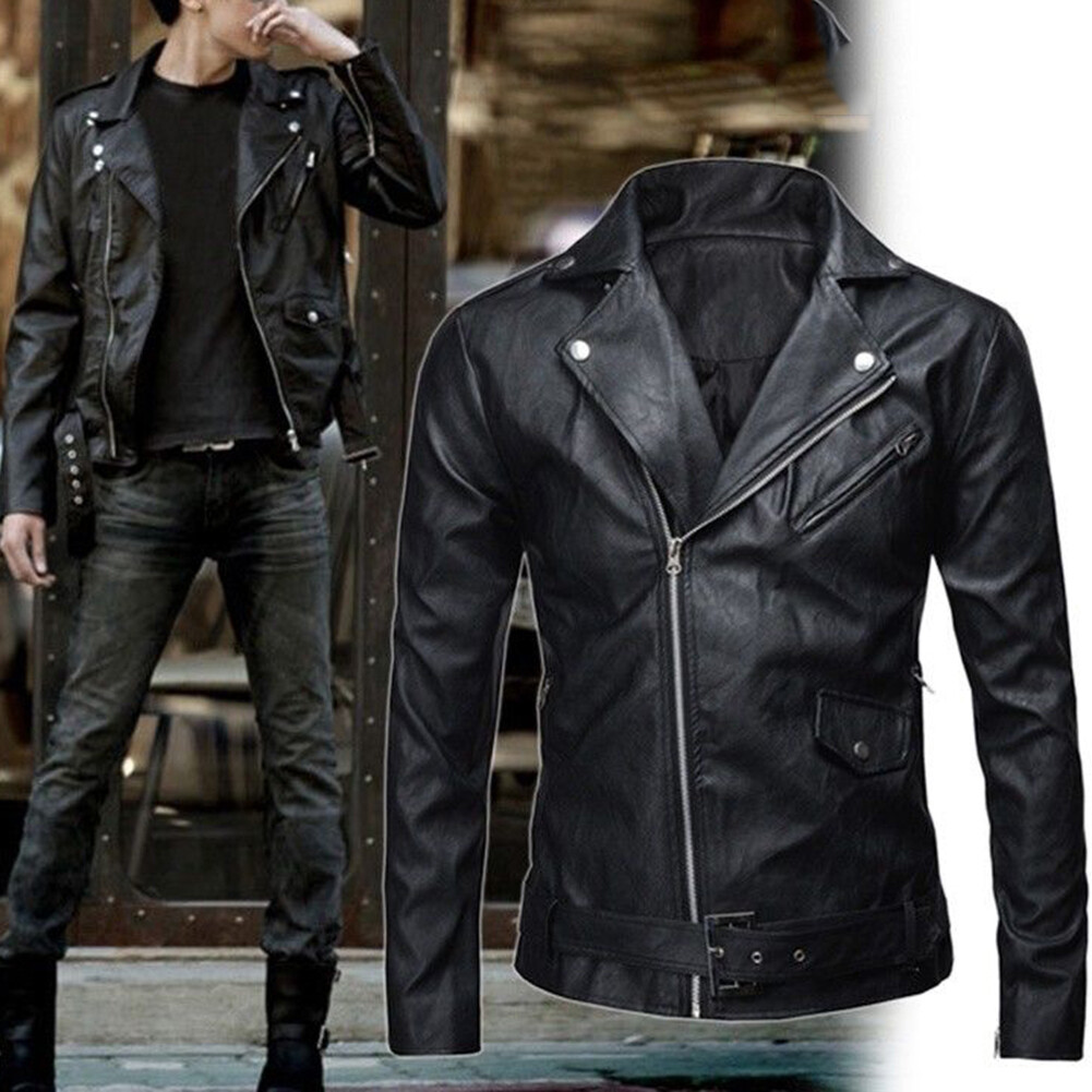 Men Leather Jacket Slim Fit Motorcycle Jacket Zipper Casual Coat Spring