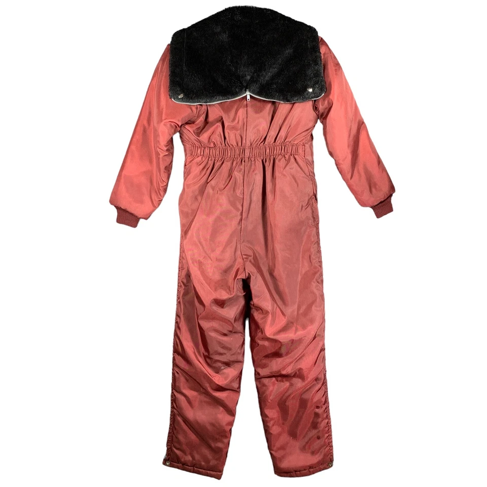 Vintage 70's United Pioneer Quilted Snowmobile Suit Boy’s M Burgundy Hood Zip - Image 3 of 4