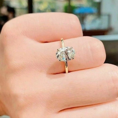 Anello solitario di fidanzamento diamante creato in laboratorio taglio ovale 2,00 ct finitura oro 14 carati - Foto 2 di 10