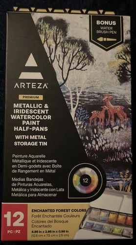 ARTEZA Watercolor Paint Set Half Pans W/ Storage Tin 12 Pcs. Enchanted Forest Co