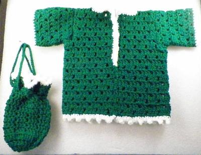 Baby Sweater 6 Months Bottle Cover Emerald Green & White Hand Crocheted New