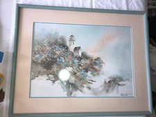 S/N BARBARA KRUPP Art PRINT Watercolor LIGHTHOUSE Ocean SPATTER Framed 28¼"x22¼"