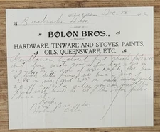 Letterhead Hobart Oklahoma Territory 1902 Bolon Brothers Hardware Paints Stoves