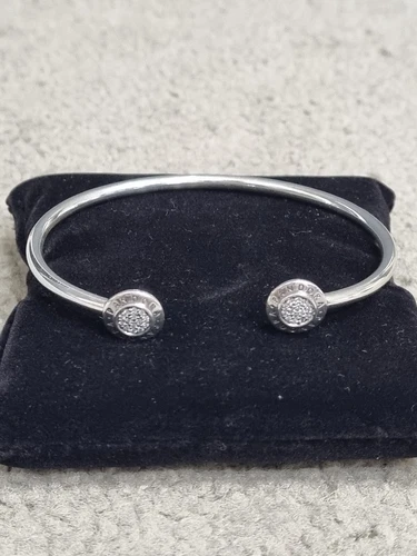 PANDORA Sterling silver 925 Signature Logo Pave Open Cuff Bangle 590528 Size 2 - Picture 4 of 14