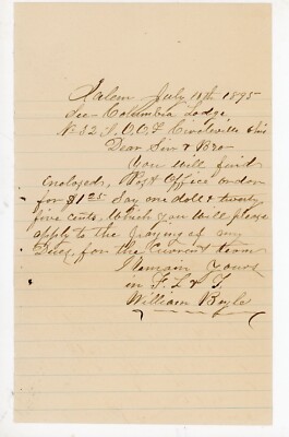 1895 Odd Fellows Letter w/ Dues Payment William Boyle Salem OH Circleville Lodge