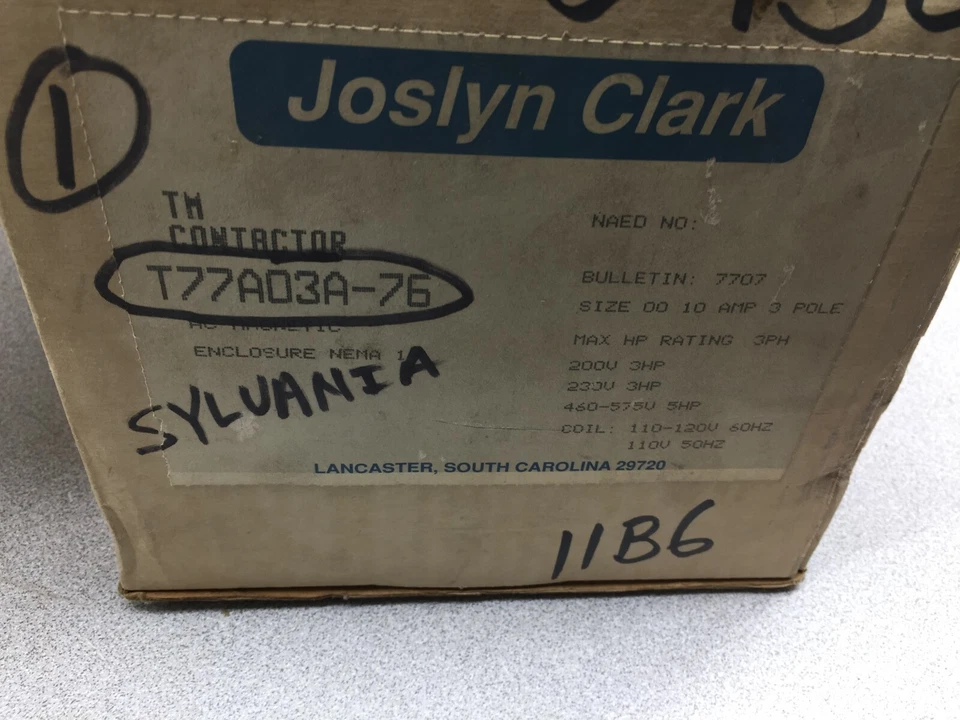 НОВЫЙ В КОРОБКЕ КОНТАКТОР JOSLYN CLARK РАЗМЕР 00 3 ПОЛЮСА 10 АМПЕР 5 ЛС В NEMA 1 КОРПУС T7 - Изображение 2 из 4