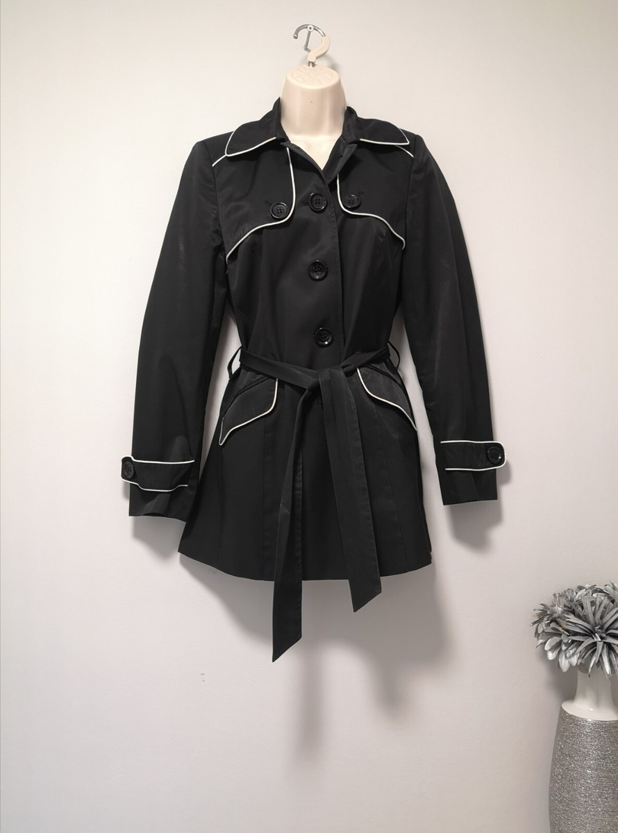 Black with White Piping Fitted Belted Mac Coat Jacket Ben de