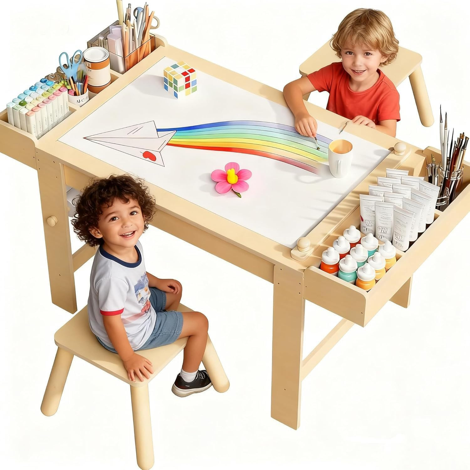 Kids Art Table & Chair Set with Storage, Paper Roll for Craf