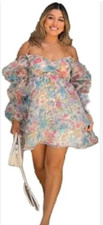 Forever 21 Floral Pastel Organza Puff Sleeve Babydoll Mini Dress Vtg Y2K Medium